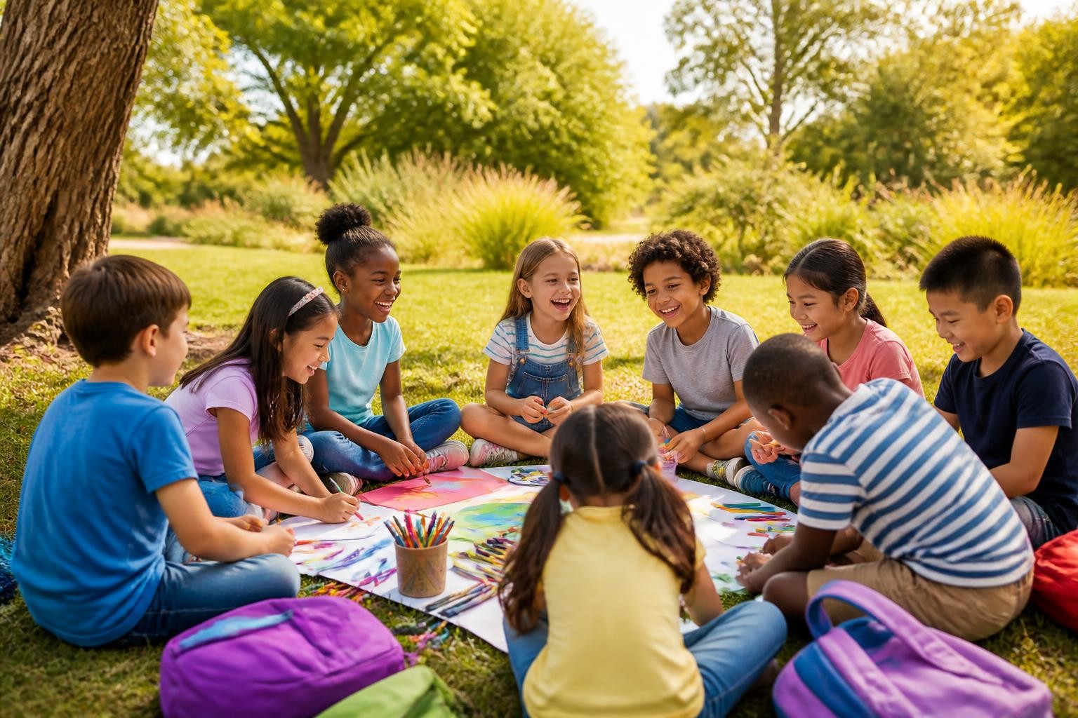 A warm, wide-angle photo-realistic scene of diverse elementary school children doing a fun group activity outdoors — sitting in a circle on grass, laughing and working on an art project together. Sunny day, colorful backpacks and clothing, no school building visible, no signs, no text, no school names anywhere. Candid, joyful, community feel. Wide landscape orientation.